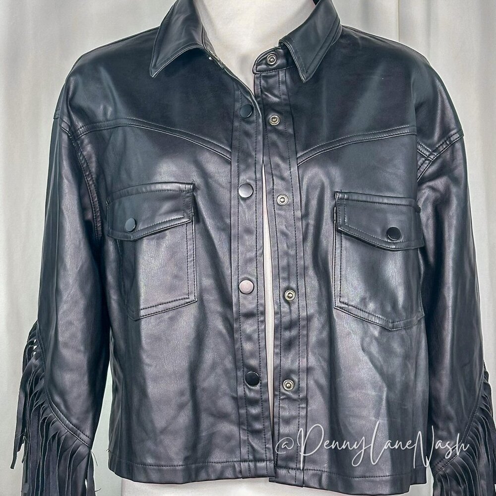 Olivacious Faux Leather Fringe Jacket Black Size Large - Picture 4 of 9